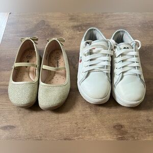 Charming Kids Dress Shoes/Glittery Gold ballet flats and Classic White sneakers